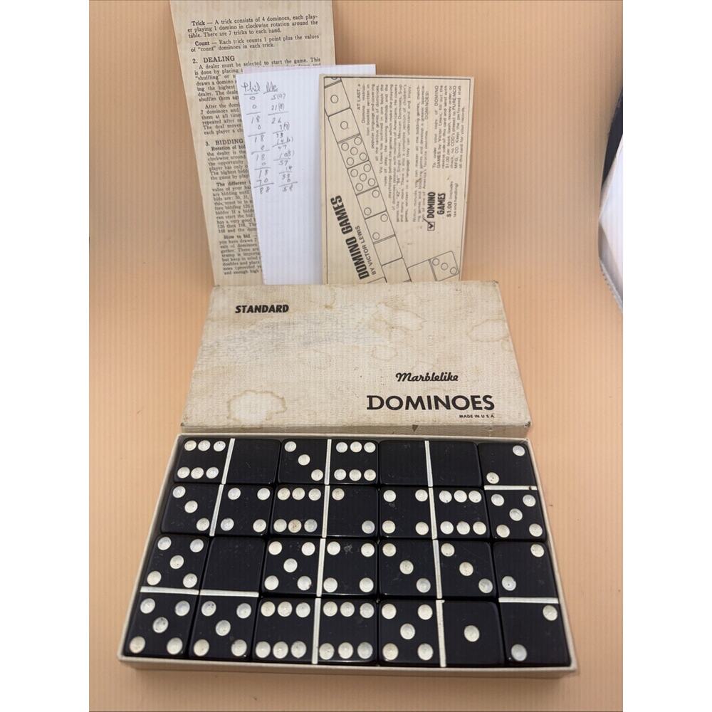 Vintage Standard Marblelike Dominoes Black Instructions USA